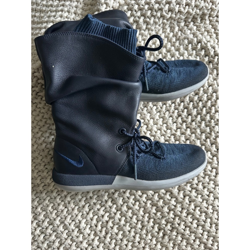 Nike Roshe Two Hi Flyknit Navy Blue Leather Slouch Boot Sneakers 861708-400Women